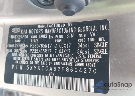 2015 Kia Sorento Lx from USA, damaged, VIN 5XYKTCA62FG604270